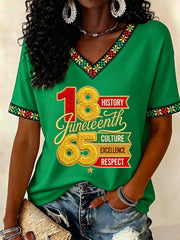 Women's Juneteenth Print Casual V-Neck Tee