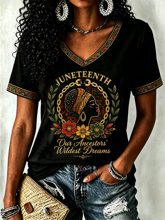 Women's Juneteenth Print Casual V-Neck Tee