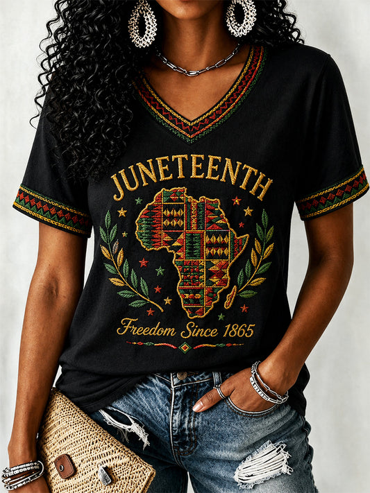 Women's Juneteenth Print Casual V-Neck Tee