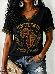 Women's Juneteenth Print Casual V-Neck Tee