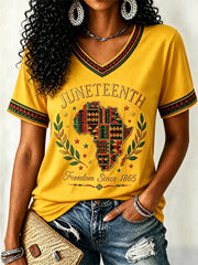 Women's Juneteenth Print Casual V-Neck Tee