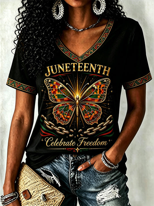 Women's Juneteenth Print Casual V-Neck Tee