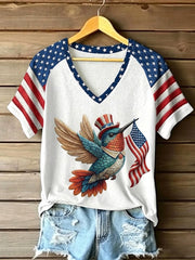 Women's Independence Day American Flag Hummingbird Art V-neck Off-shoulder Short-sleeved T-shirt