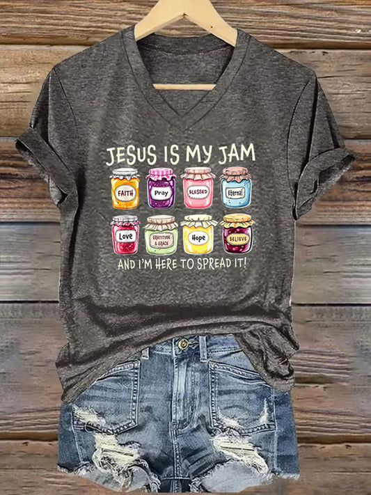 Women's Christian Jesus Is My Jam And I'm Here To Spread It Print Casual V-Neck Tee
