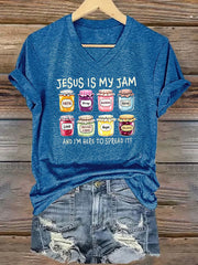Women's Christian Jesus Is My Jam And I'm Here To Spread It Print Casual V-Neck Tee