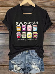 Women's Christian Jesus Is My Jam And I'm Here To Spread It Print Casual V-Neck Tee