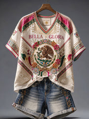 Women's Mexico Pride Art Printed Linen T-shirt