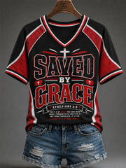 Women's Saved By Grace Print Casual V-Neck Tee