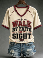 Women's Christian Walk by Faith Not By Sight 2 Corinthians 5:7 Cross Off-shoulder Short Sleeve T-shirt