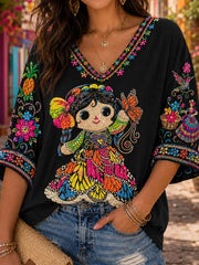 Women's Mexico Guelaguetza Lele Doll Art Printed Linen T-shirt