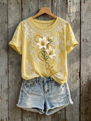 Women's Vintage Lily Flower Cross Art Print Short-sleeved T-shirt