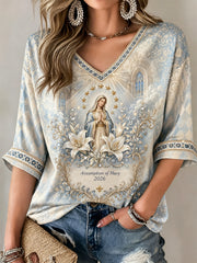 Women's Assumption of Mary Mid-length Sleeves V-Neck T-Shirt