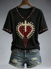 Women's Christian Cross Bead Embroidery Art T-Shirt