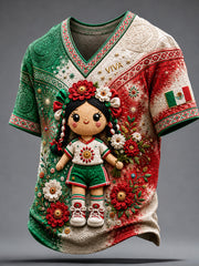 Men's Mexico Football Lover Lele Doll Art Printed V-neck T-shirt
