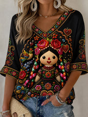 Women's Mexico Guelaguetza Lele Doll Art Printed T-shirt