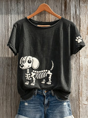 Women's Lovely Skeleton Dachshund Dog & Paw Print short-sleeved T-shirt