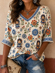 Women's Mexico Guelaguetza Lele Doll Art Printed Linen T-shirt