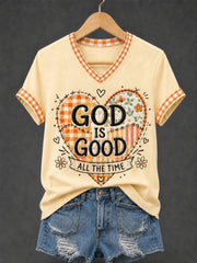 Women's God Is Good All The Time Plaid Print Casual V-Neck Tee