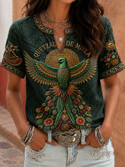 Women's Mexico Guelaguetza Resplendent Quetzal Art Printed Linen T-shirt