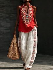 Women's Floral Pattern Cotton Linen Set