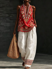 Women's Traditional Floral Pattern Cotton Linen Set