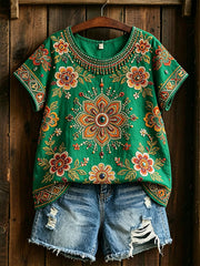 Women's Traditional Floral Pattern Cotton Linen Shirt