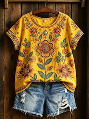 Women's Traditional Floral Pattern Cotton Linen Shirt