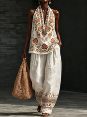 Women's Traditional Floral Pattern Cotton Linen Set