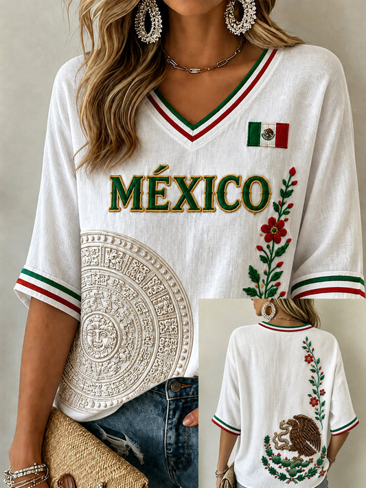 Women's Mexico Lover Art Mid-length Sleeves V-Neck T-Shirt