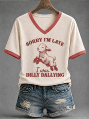 Women's Funny Christian I Was Dilly Dallying Mid-length Sleeves V-Neck T-Shirt