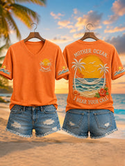 Women's Mother Ocean I Have Heard You Call Print Casual V-Neck Tee