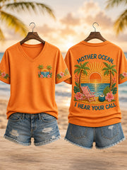 Women's Mother Ocean I Have Heard You Call Print Casual V-Neck Tee