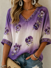Women's Purple Floral Art Print Alzheimer's Awareness Support Linen V-Neck Shirt