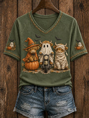 Women's Retro Autumn Highland Cow Pumpkin Ghost Short Sleeve T-shirt