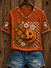 Women's Retro Autumn Pumpkin Ghost Short Sleeve T-shirt