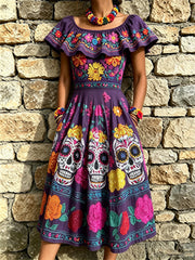 Women's Day of the Dead Sugar Skulls Mexican Floral Print Ruffle Maxi Dress