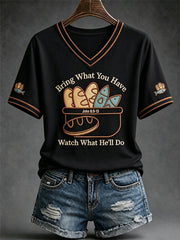 Women's Jesus 2 Fishes 5 Breads 5000 Chosen Against The Current Print Casual V-Neck Tee