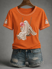 Women's Fall Season Halloween Ghost Print Casual Tee