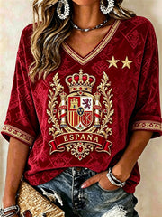 Women's Spain Champion Classy Ethnic Print Mid-length Sleeves V-Neck T-Shirt