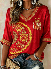 Women's Spain Champion Floral Fan Print Mid-length Sleeves V-Neck T-Shirt
