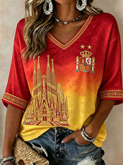 Women's Spain Champion Sagrada Família Print Gradient Mid-length Sleeves V-Neck T-Shirt