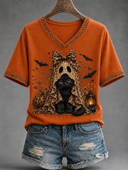 Women's Retro Halloween Pumpkin Ghost Short Sleeve T-shirt