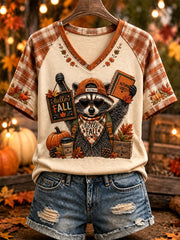 Women's Fall Print Casual V-Neck Tee