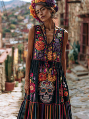 Women's Day of the Dead Sugar Skull Mexican Marigolds Floral Print Flowy Maxi Dress