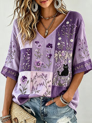 Women's purple floral print casual linen mid-length sleeves T-shirt