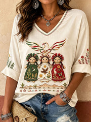 Women's Mexico Lele Doll Otomí Art Printed Linen T-shirt