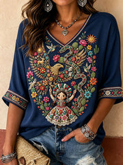 Women's Mexico Lele Doll Otomí Art Printed Linen T-shirt