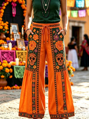 Women's Day of the Dead Sugar Skull Mexican Floral Print Cotton-linen Pants