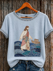 Women's Christian Jesus Walking on Water O-neck Short Sleeve T-shirt