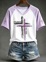 Women's Jesus Loves Me Faith Print V-neck Short-sleeved T-shirt